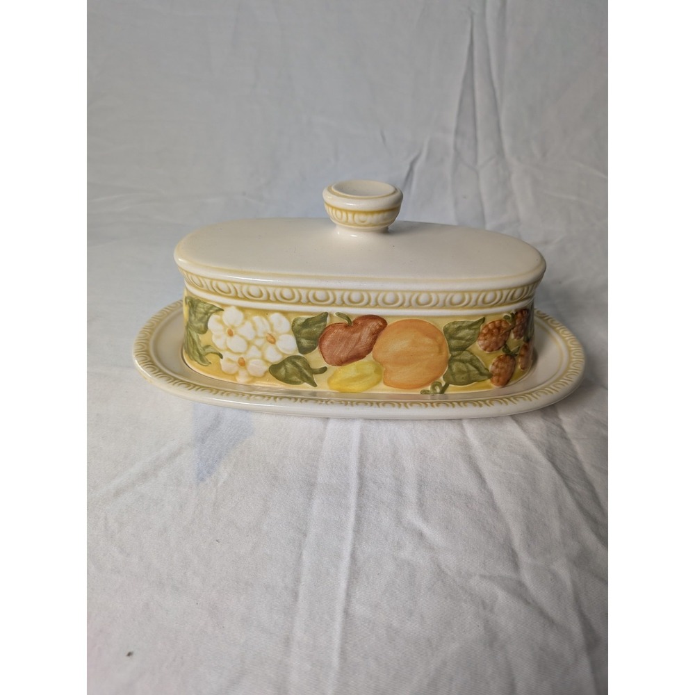 Vintage Vernon WareFruit Pattern Covered Butter Dish with Tray Cream Ceramic Ova